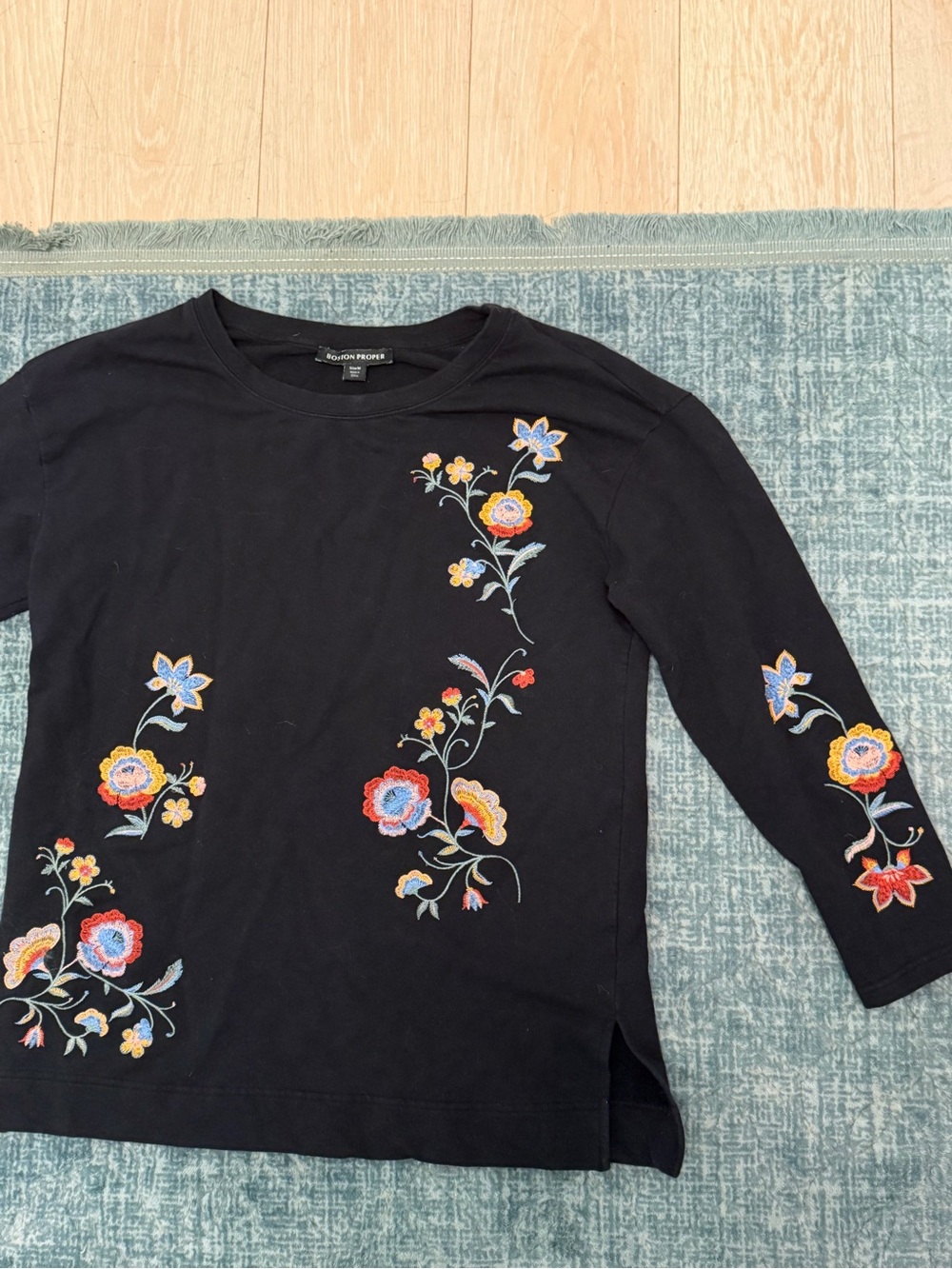 Eddie Bauer Black Long-Sleeve Top with Multicolor Floral Embroidery